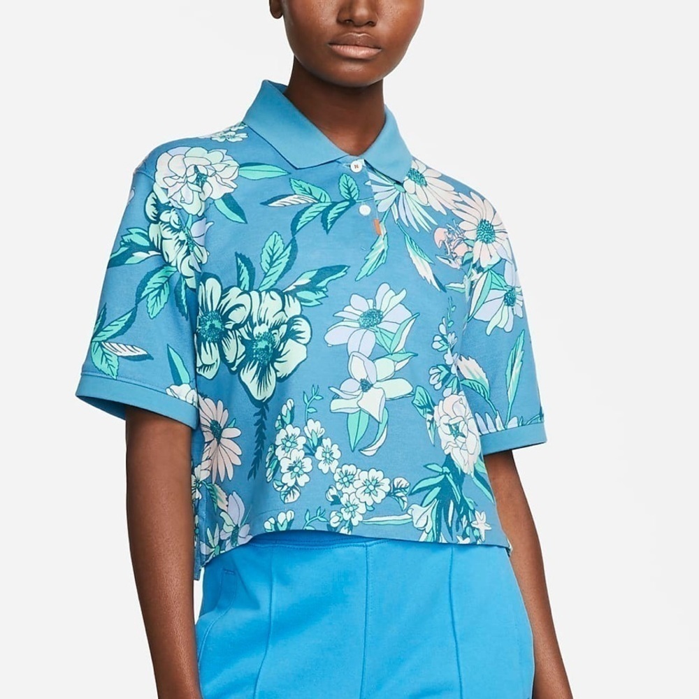 Blue Floral Cropped Polo Top